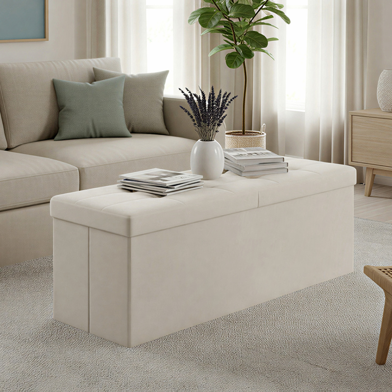 Image of Storage Bench With Lid, Seat Box With Storage Space, For Entryway, Organizer Box, 38 X 110 X 38 Cm, Velvet, White
