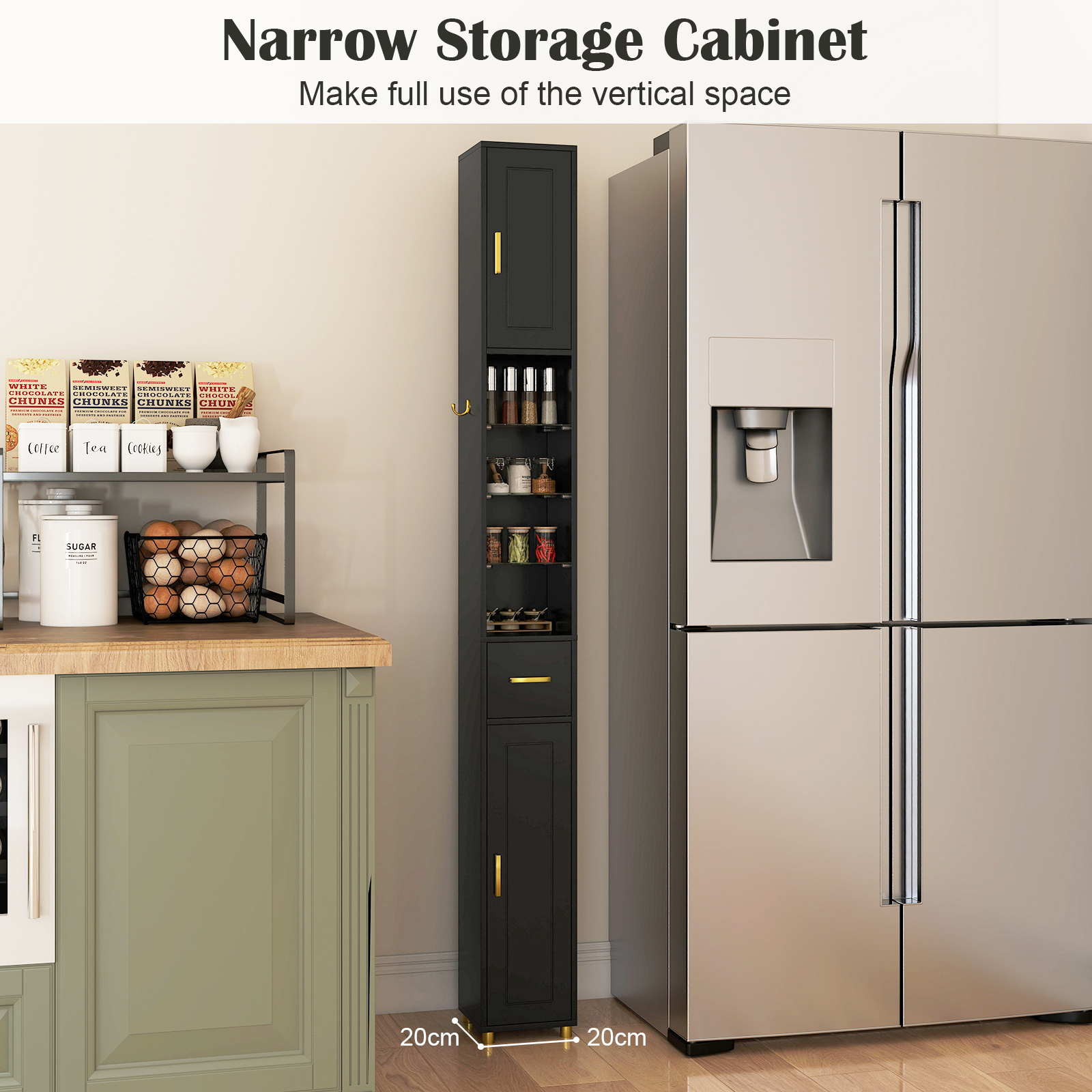 Image of Bathroom Furniture 181 Cm Tall, Narrow Storage Furniture With 2 Adjustable Doors And Shelves, 3 Color Light Strip