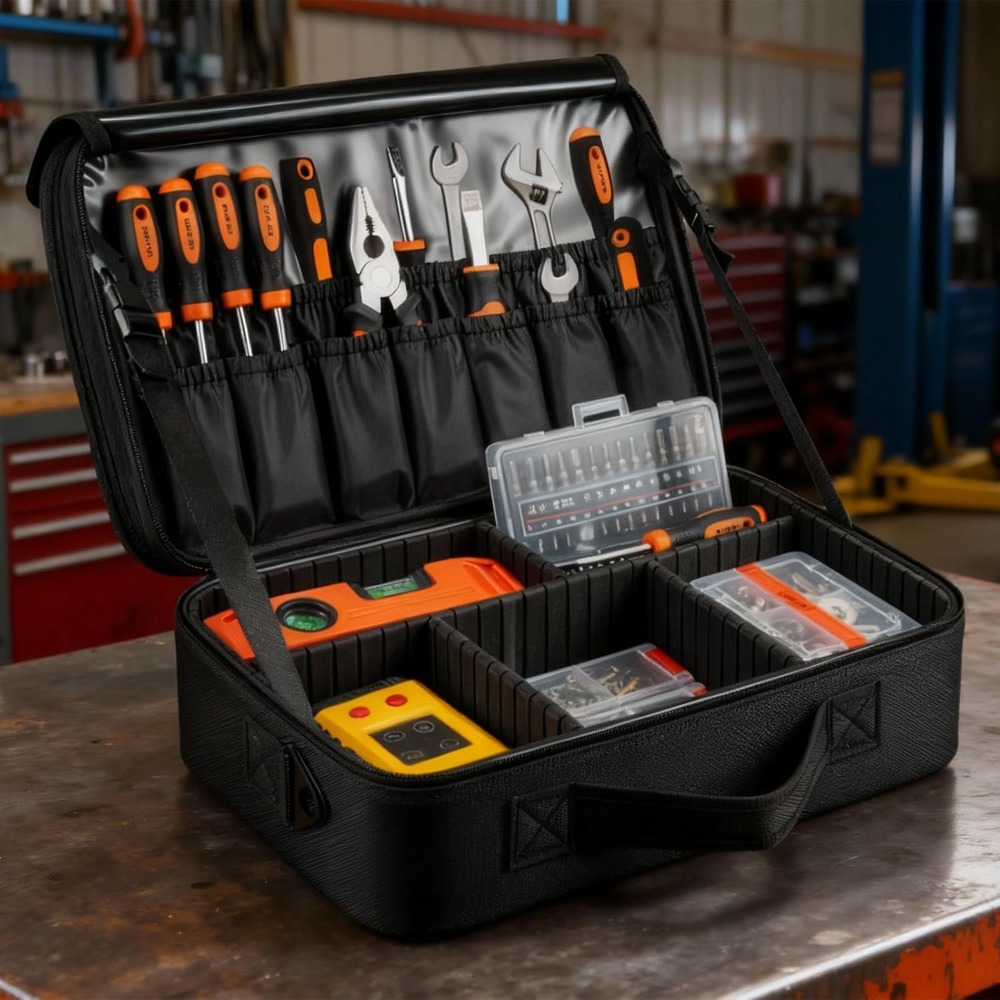 TEMU Tool Storage Box Large Portable Tool Storage Case Tool Bag Organiser With Adjustable Dividers With Multi-pockets, Wide Opening Shoulder Strap