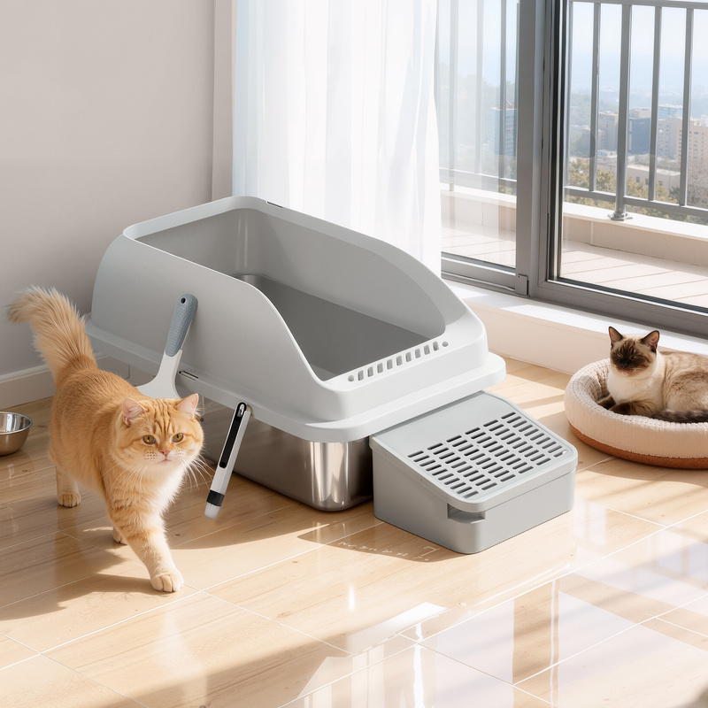 TEMU Bac à litière pour chat, à bords hauts, extra-large, ouvert sur le dessus, en acier inoxydable, avec marches, pelle et brosse, adapté aux chats