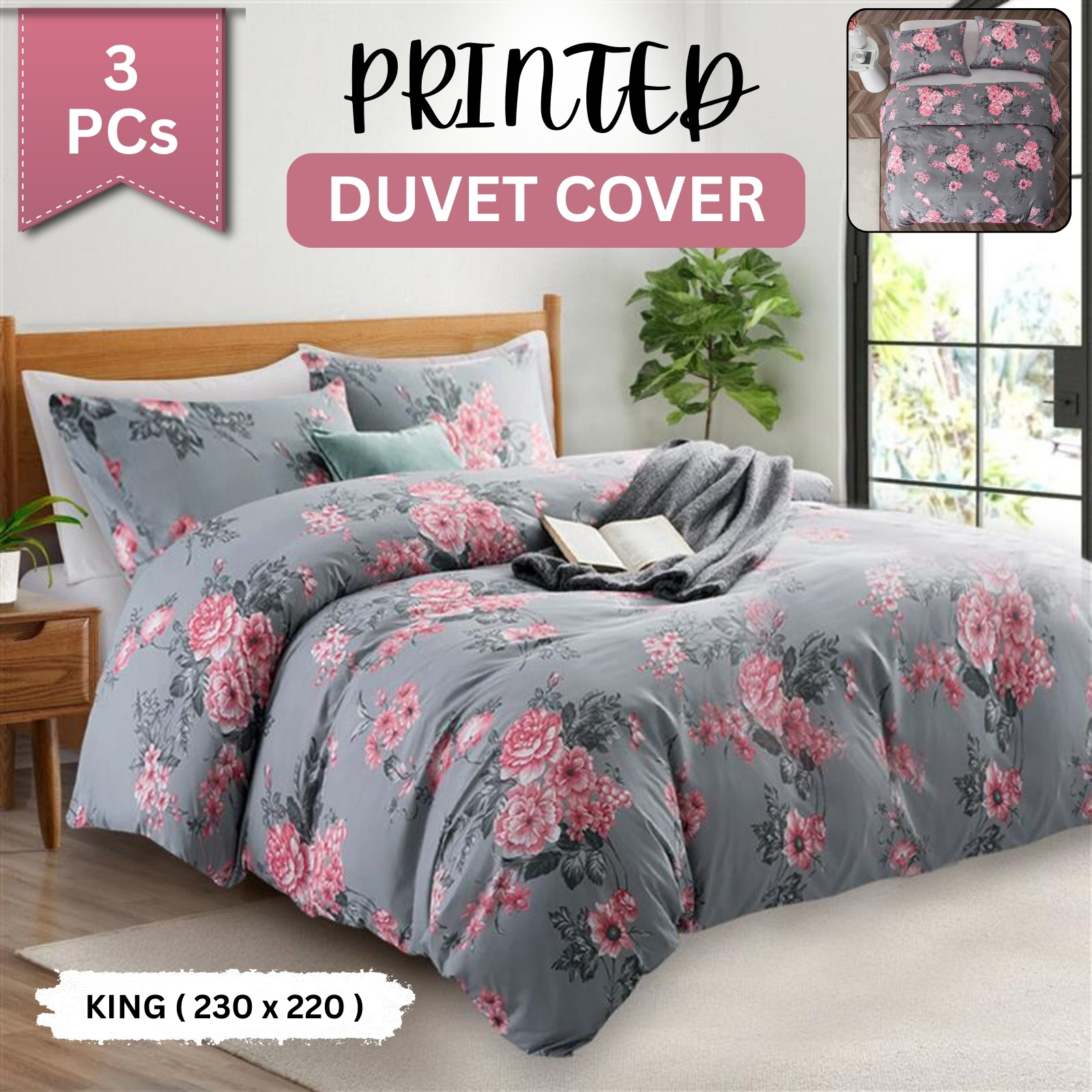 TEMU 3pcs Grey Floral Printed Duvet Cover Set – All Season Soft Breathable Microfiber Bedding With Pillowcases, Button Closure, Fade Resistant &