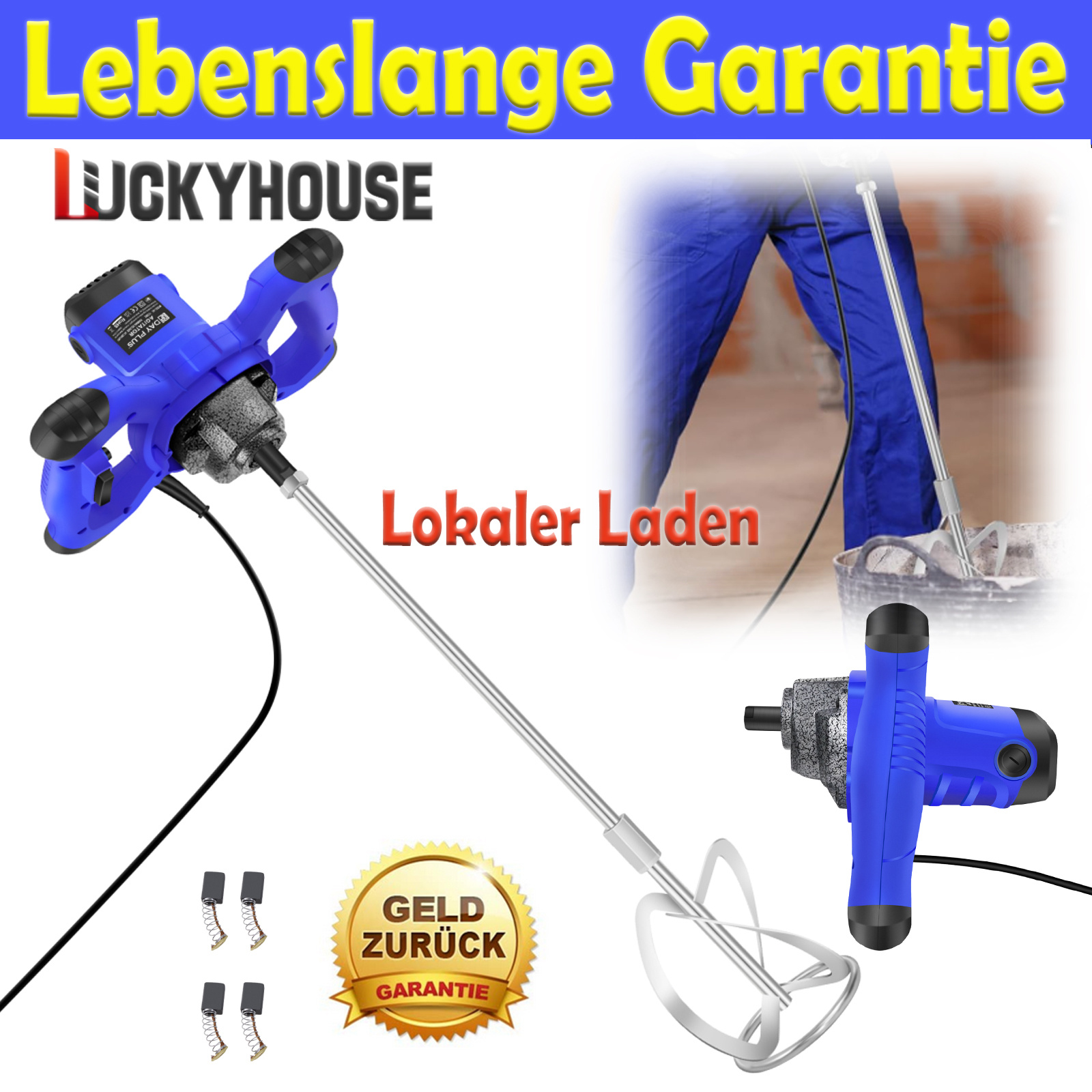 E-shop 1020W tragbarer Elektro-Zementmischer Betonrührer Mörtelfarben-Rührbesen mit 6-Gang-Getriebe (0-1700 U/min), M14-Spiralstange 60 cm,
