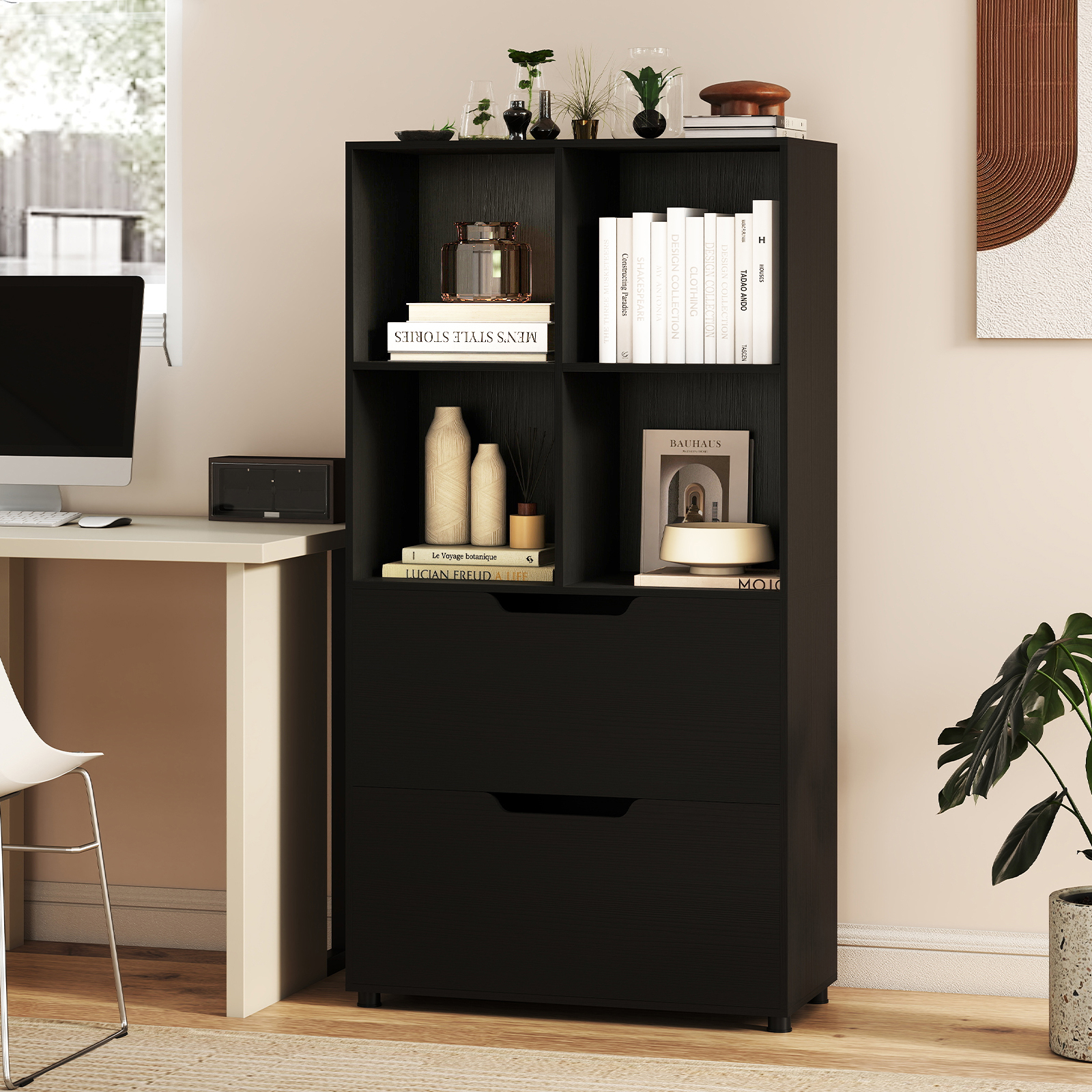 Bookcase With 4 Cubes And 2 Drawers, Rustic Style Bookcase With 2 Anti-tipping Devices