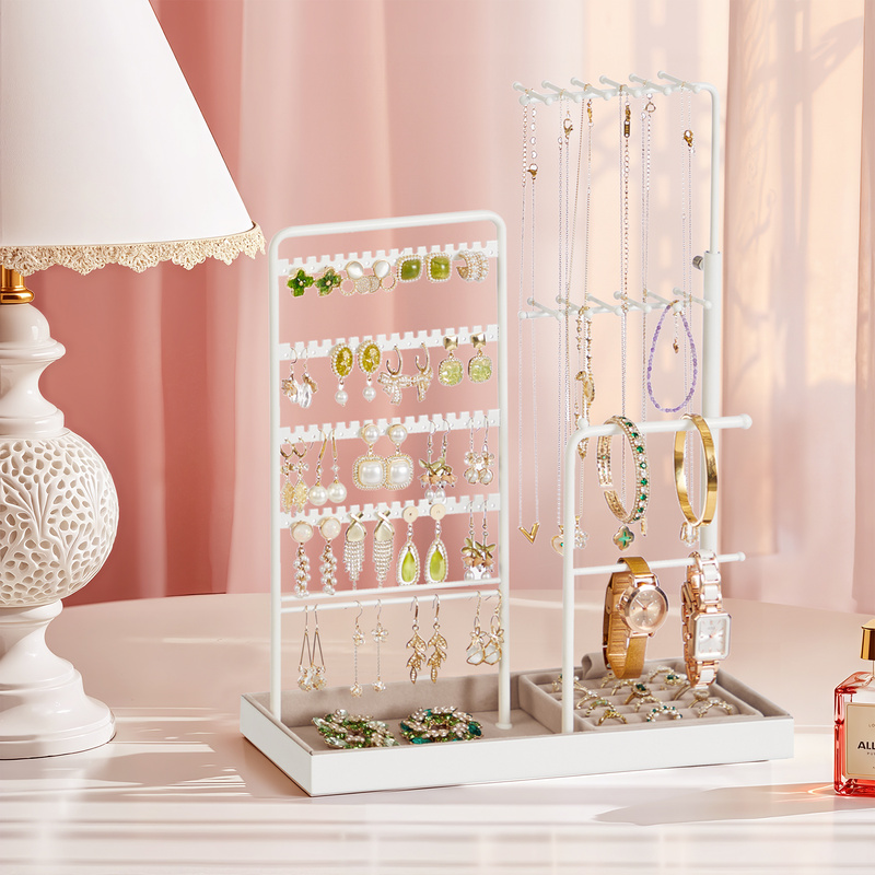 Image of Jewelry Stand With Metal Frame, Extendable Necklace Holder, Jewelry Storage Stand, Velvet Jewelry Tray, Height 30.9-47.5 Cm, Matte White