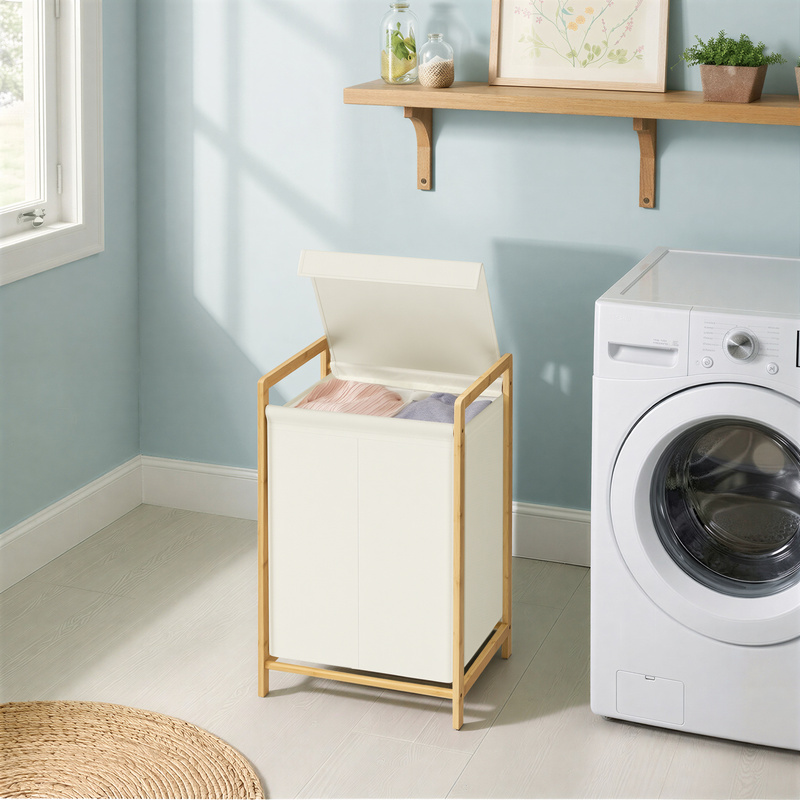 Image of Laundry Basket With Lid, Two-part Design, For Bathroom And Bedroom, Removable Laundry Bag, 100 , Beige