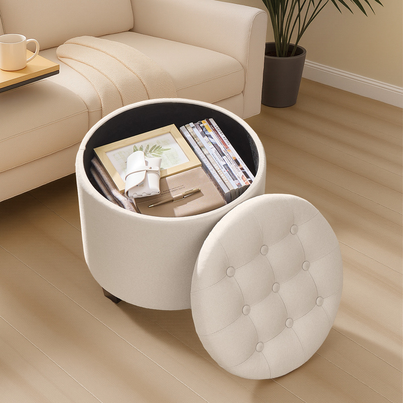 Image of Round Pouf With Legs, Footstool With Storage, Fabric In Linen Look, 45 X 45 X 44.5 Cm, Load Capacity Up To 150 Kg, Suitable For Living And Bedrooms, Light Beige.