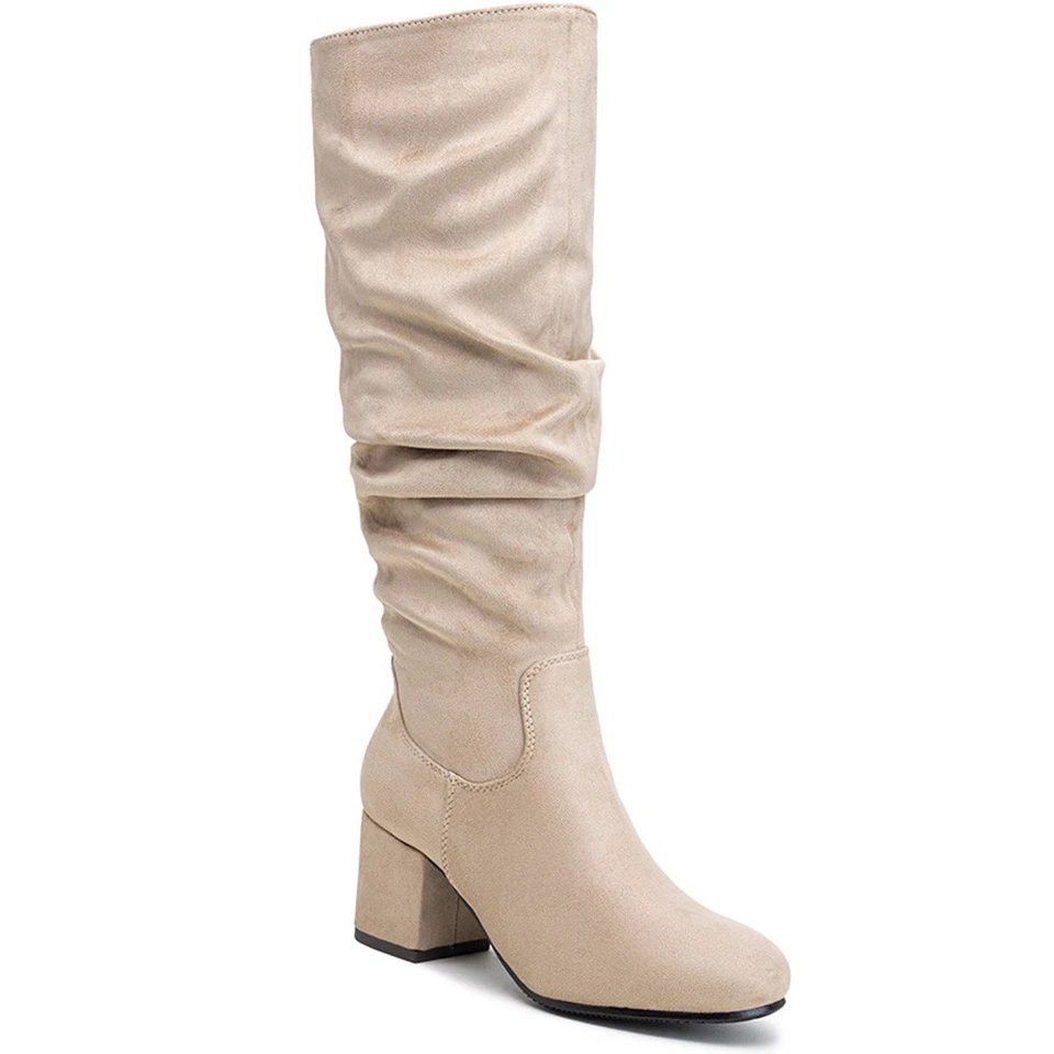 Loudlook Women's Mid Calf Ruched Warm Faux Suede Boots