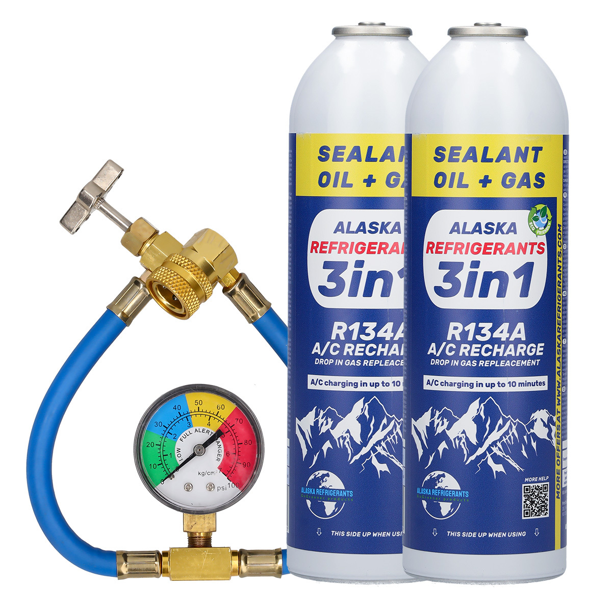 E-shop Doppel-Set – 3-in-1 Alaska Kältemittel R134a Ersatzkältemittel mit PAG 100 Öl und Dichtstoff + Schlauch und Manometer