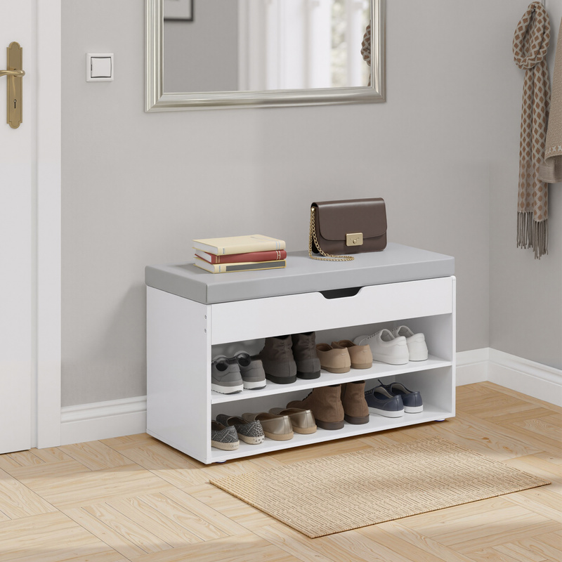 Image of Shoe Bench With Seat Cushion, 3-tier Shoe Rack, 30 X 80 X 44 Cm, White-gray