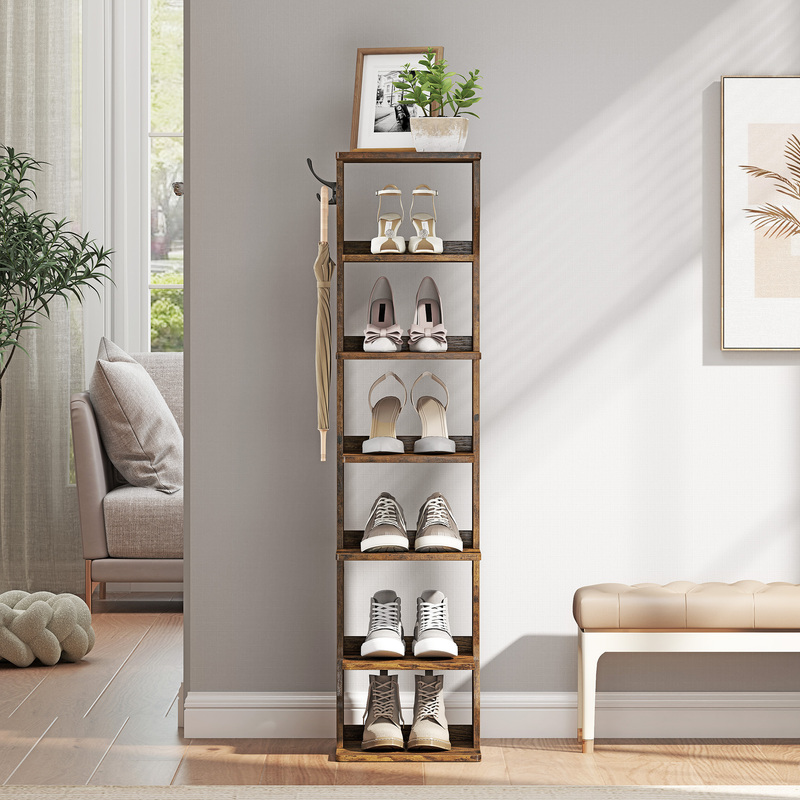 Narrow Shoe Rack, Space- Floor Rack, 7 Levels, For Entrance Area, Corner, Shoe Storage, Brown