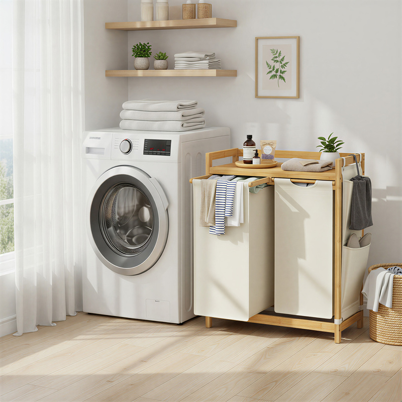 TEMU Panier à linge 2 compartiments, bambou, de linge 150 L, avec étagère, blanc