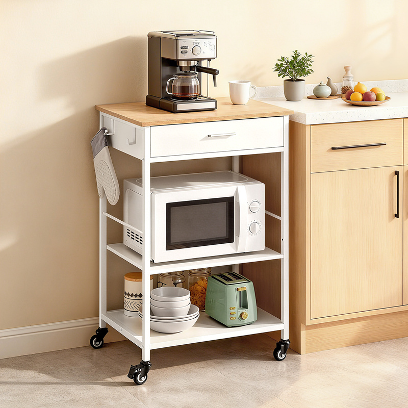 TEMU Mobile Storage Cart, Kitchen Cart, Mobile Kitchen Island, 45 X 60 X 90 Cm, With Drawers And , Suitable For Dining Room, Oak Beige-matt White.
