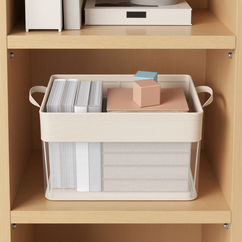 Medium-sized Storage Box And Basket Set (3-piece), Foldable Fabric Organizer, Transparent Nylon Fabric, 40 X 30 X 25 Cm, With Handle, Suitable For Bedroom And Living Room, Cream White