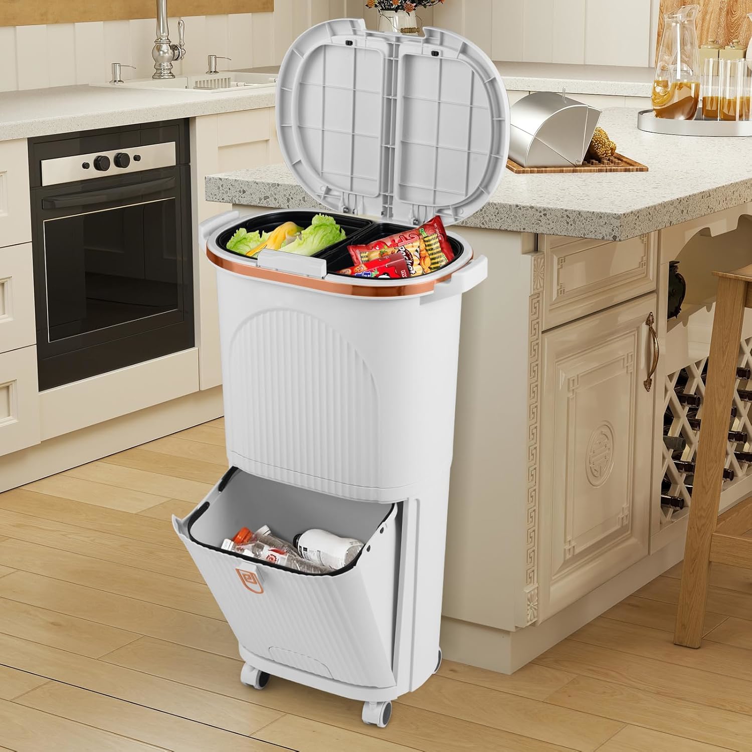 38l Kitchen Trash Can, Sorting Garbage Bin With Lids, 2 Detachable Buckets, Step Pedal And Rolling Wheels