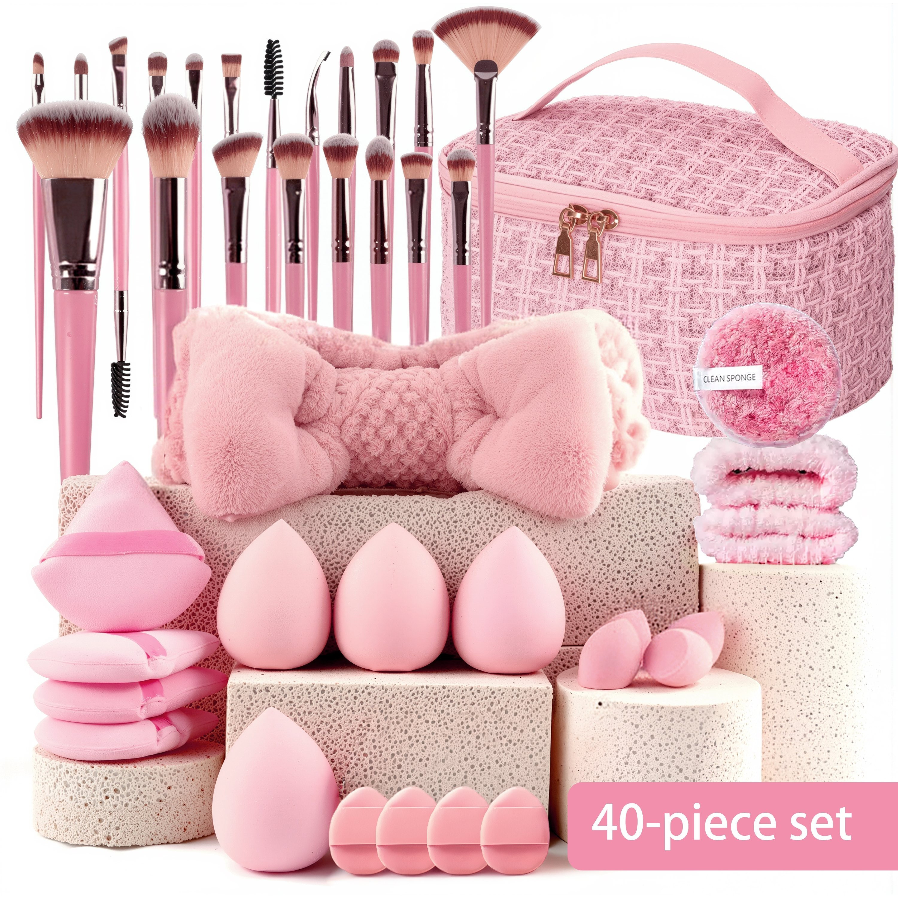 TEMU Popular : /40-piece Pink Makeup Set, Includes Multi-sized Soft Bristle Brushes, Makeup Sponges, A Portable Large-capacity Travel Makeup Bag, And