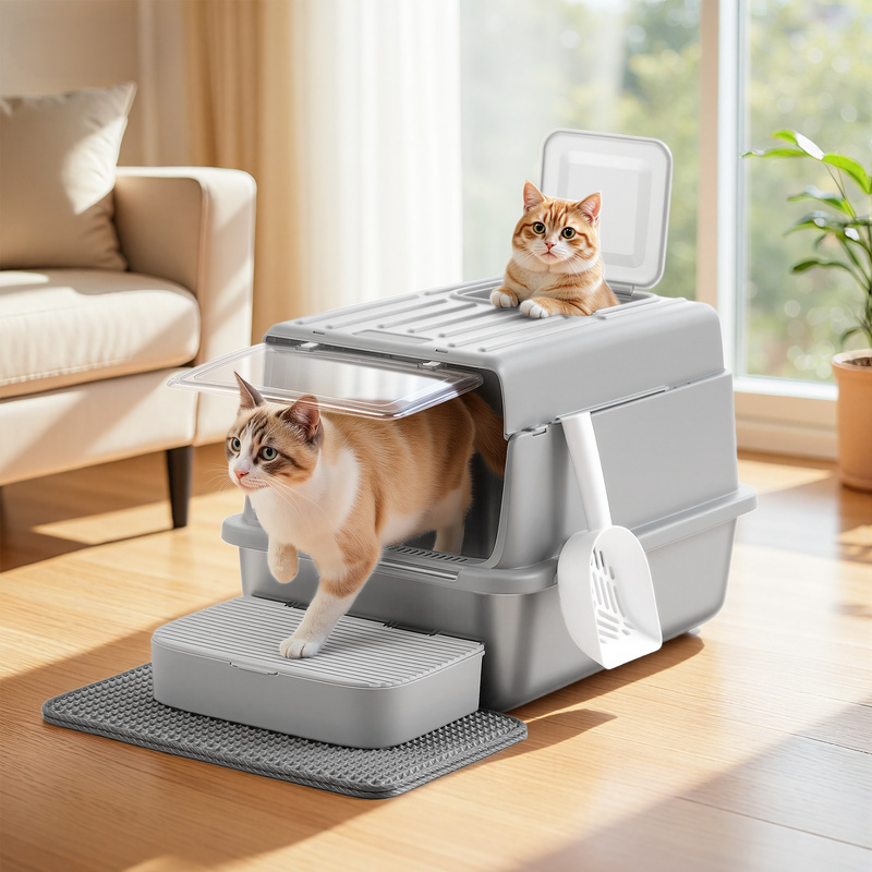 TEMU Bac à litière pour chat, en acier inoxydable, avec couvercle, pelle, tapis de litière et entrées, adapté aux chats jusqu'à 15 kg