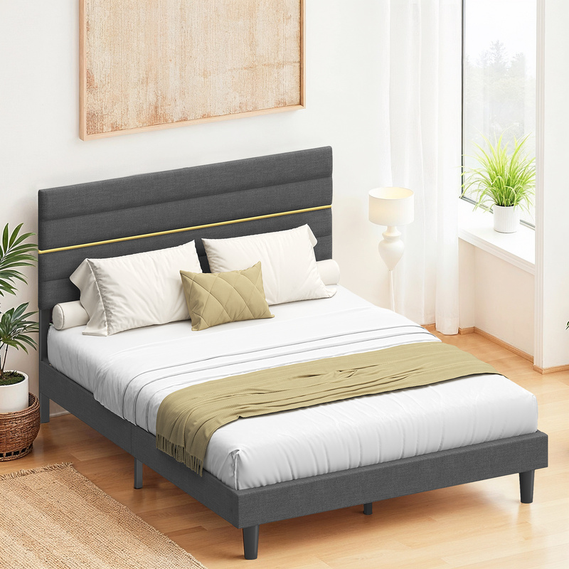 TEMU Double Upholstered Bed Frame, Metal And Solid Wood Construction, , Fits A 160 X 200 Cm Mattress, Adjustable Padded Headboard