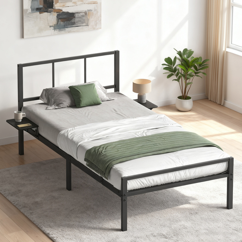 Single Bed Frame, For 90 X 190 Cm Mattress, Metal Frame, With Headboard And Shelves, Black