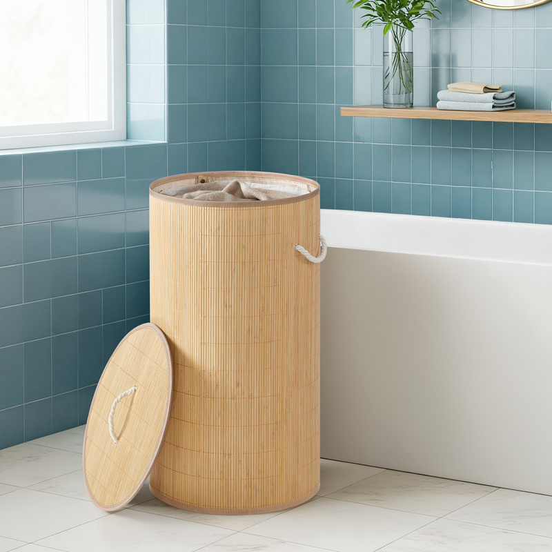 Laundry Basket With Lid, 90l, Bamboo Laundry Hamper, Round, Foldable
