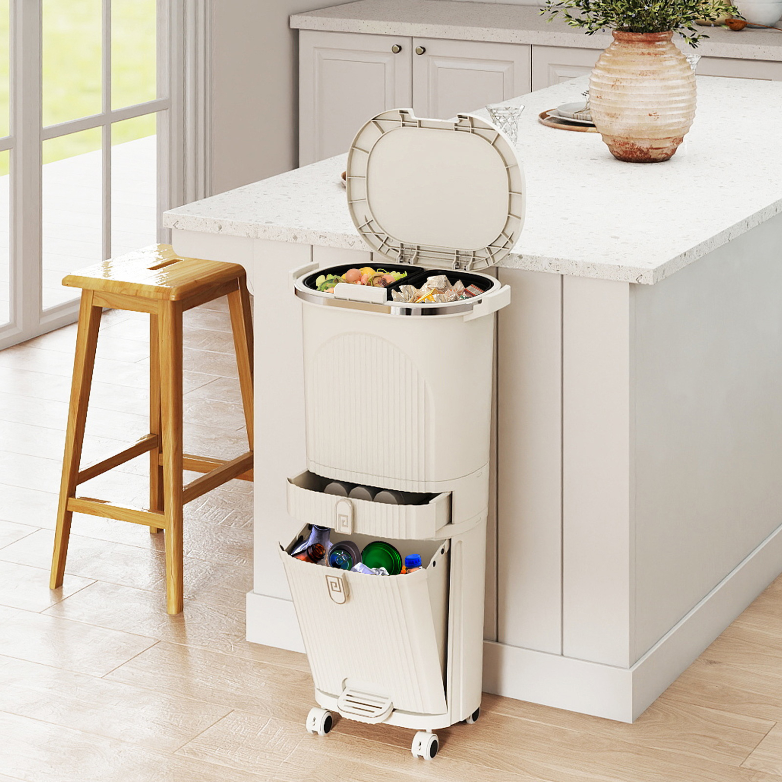 42l Kitchen Trash Can, Sorting Garbage Bin With Lid, 2 Detachable Buckets, Drawer, Step Pedal And Rolling Wheel