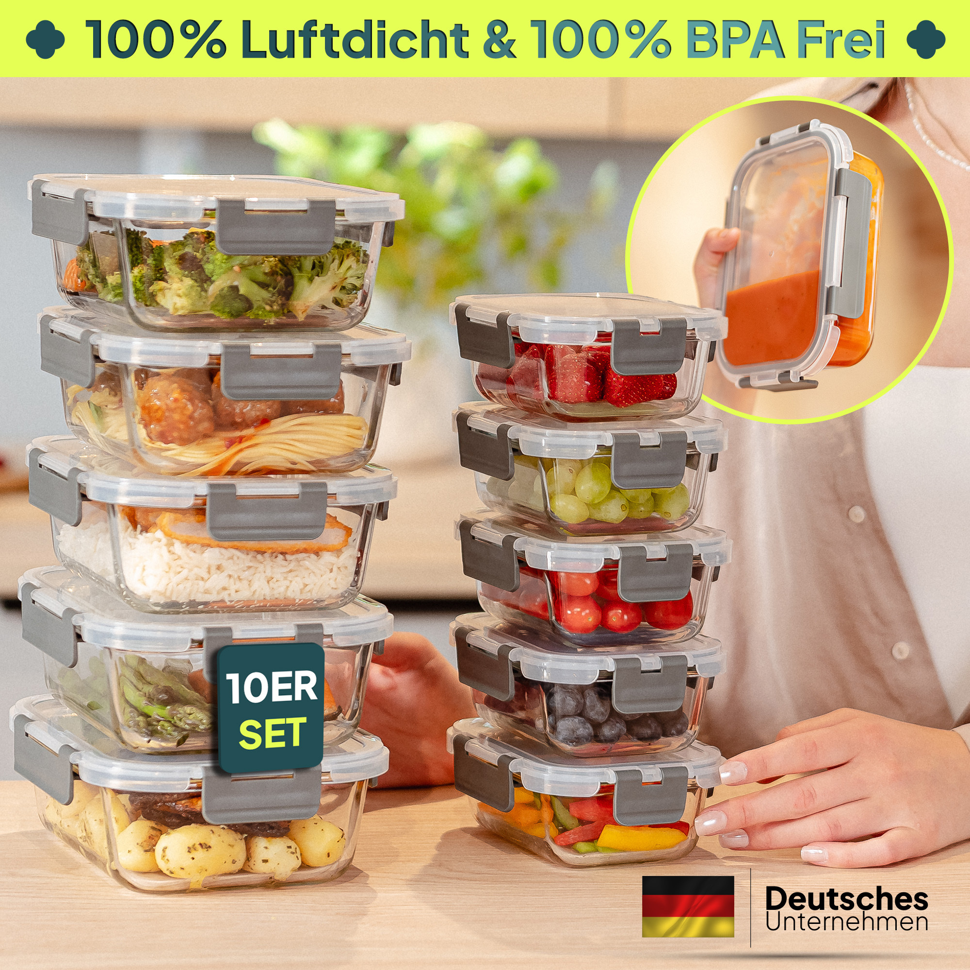 E-shop Glas-Aufbewahrungsbehälter 20-teiliges Set mit auslaufsicheren Deckeln - Frischhaltedosen aus Glas ideal für Meal Prep, Mikrowelle, Ofen &