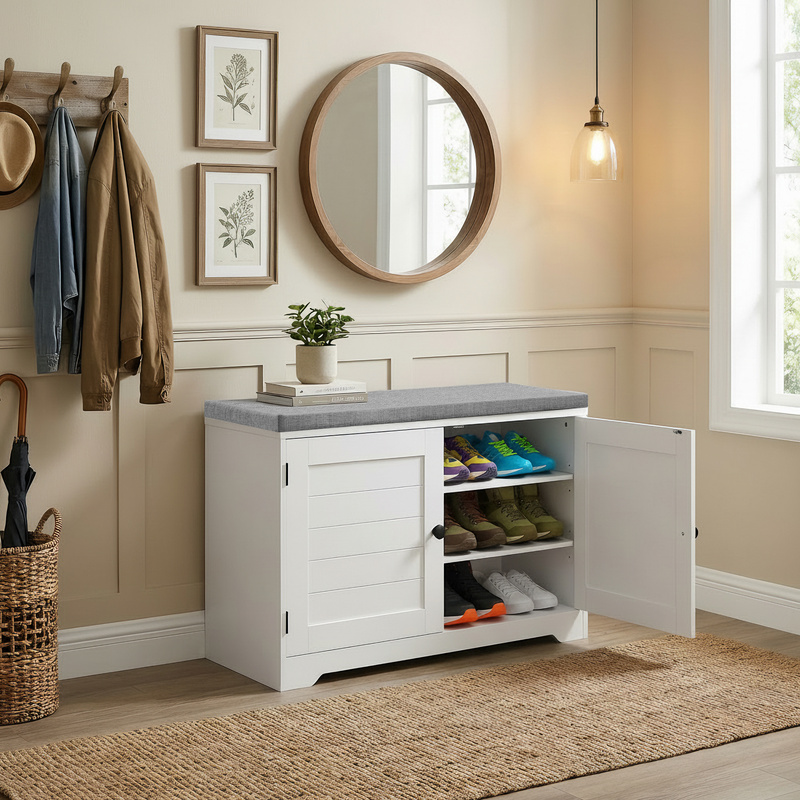 Storage Bench, 3-tier, Shoe Bench With Seat Cushion, Adjustable Shelves, 35.5 X 81 X 52.5 Cm, White-gray