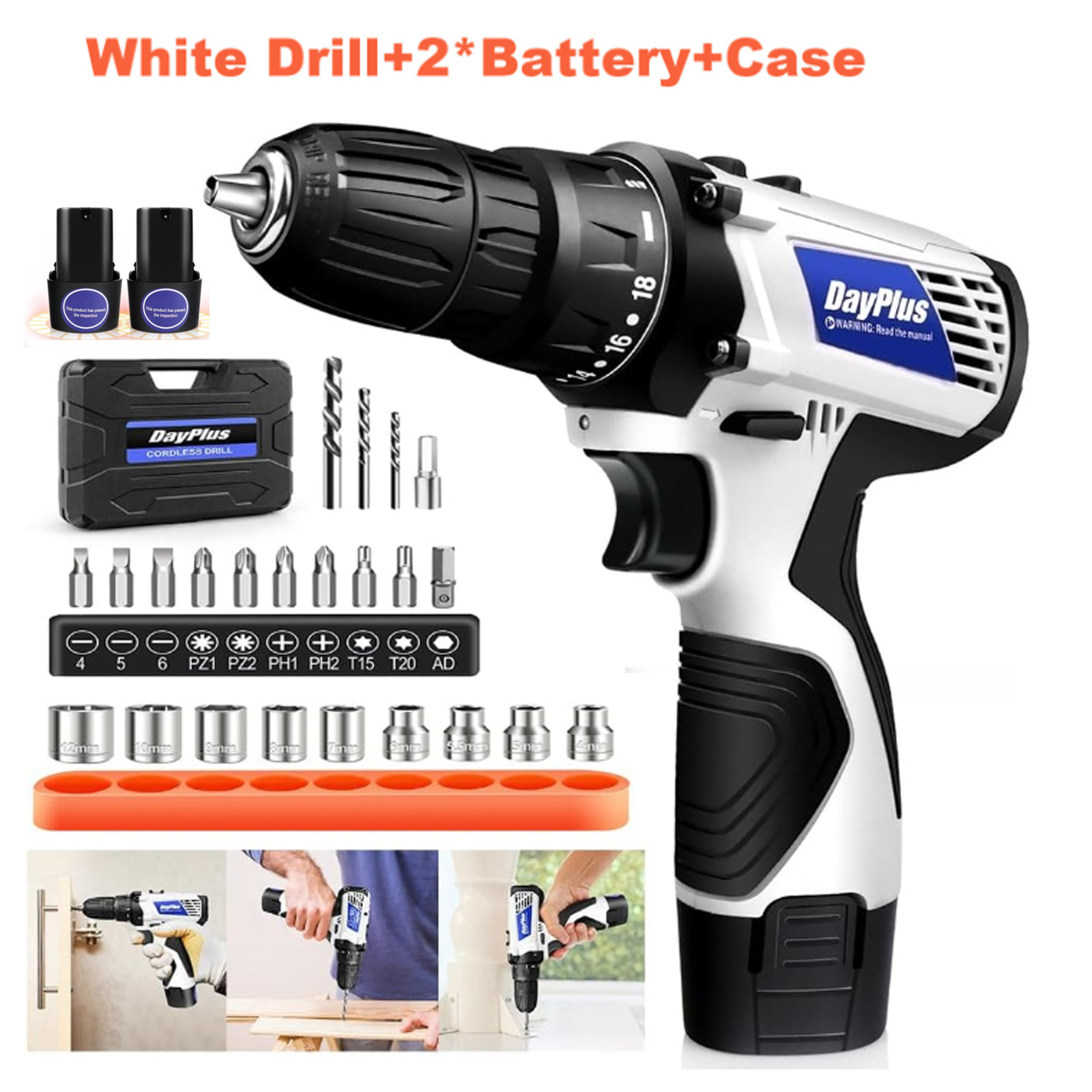 E-shop Mini Akku-Bohrschrauber Power Combi Drill Kit Elektrischer Schraubendreher Set mit 2 Geschwindigkeiten, 18+1 Max. Drehmoment 45 N.m Drehmoment