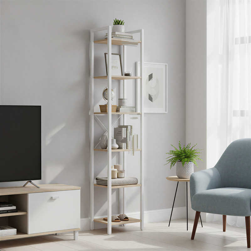 Freestanding Shelf, 6-tier Bookcase, Office Storage, Dvd Rack, Open Shelf, Dimensions: 30 X 40 X 186 Cm, Suitable For Offices, Living Rooms, Bedrooms, And Kitchens, To Matte White