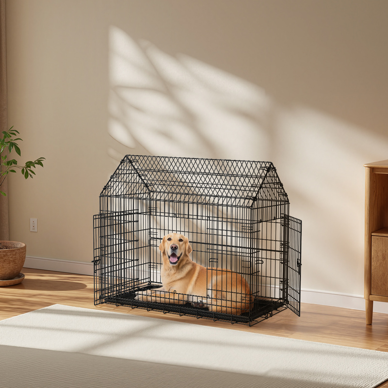 Foldable Dog Cage, Crate, Xxl, For Large Dogs, With Double Door, Black
