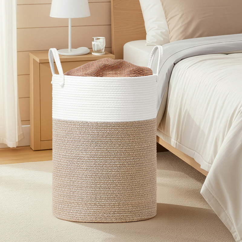 Laundry Basket, 80 L Laundry Collector For Kids,rope, With Handle, For Children's Room, White-gray-brown