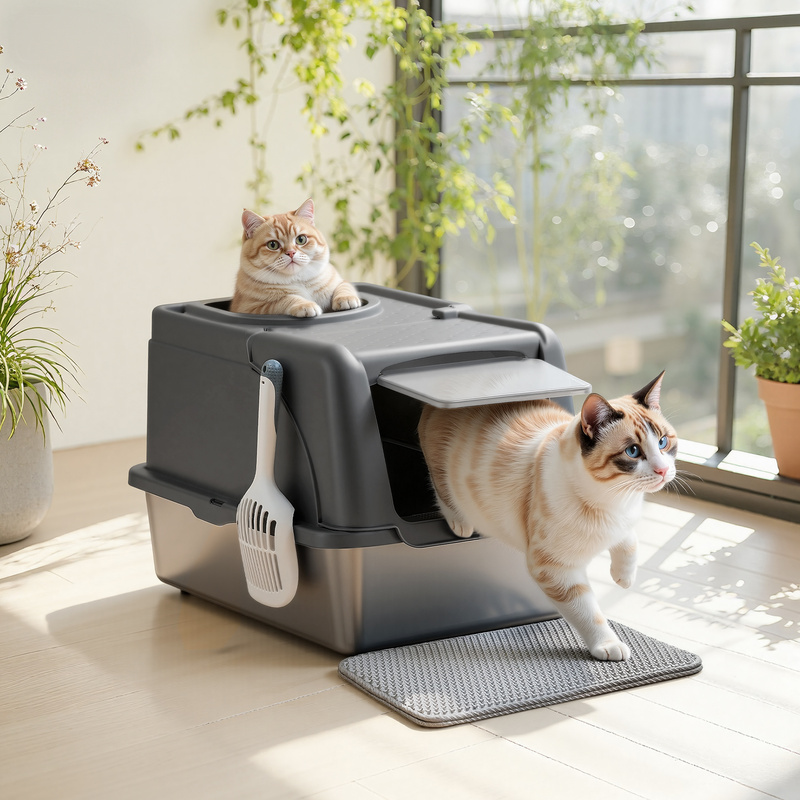 Image of Litter Box, Cat Toilet, Stainless Steel, With Lid, Scoop, Brush, For Cats Up To 15 Kg, Black