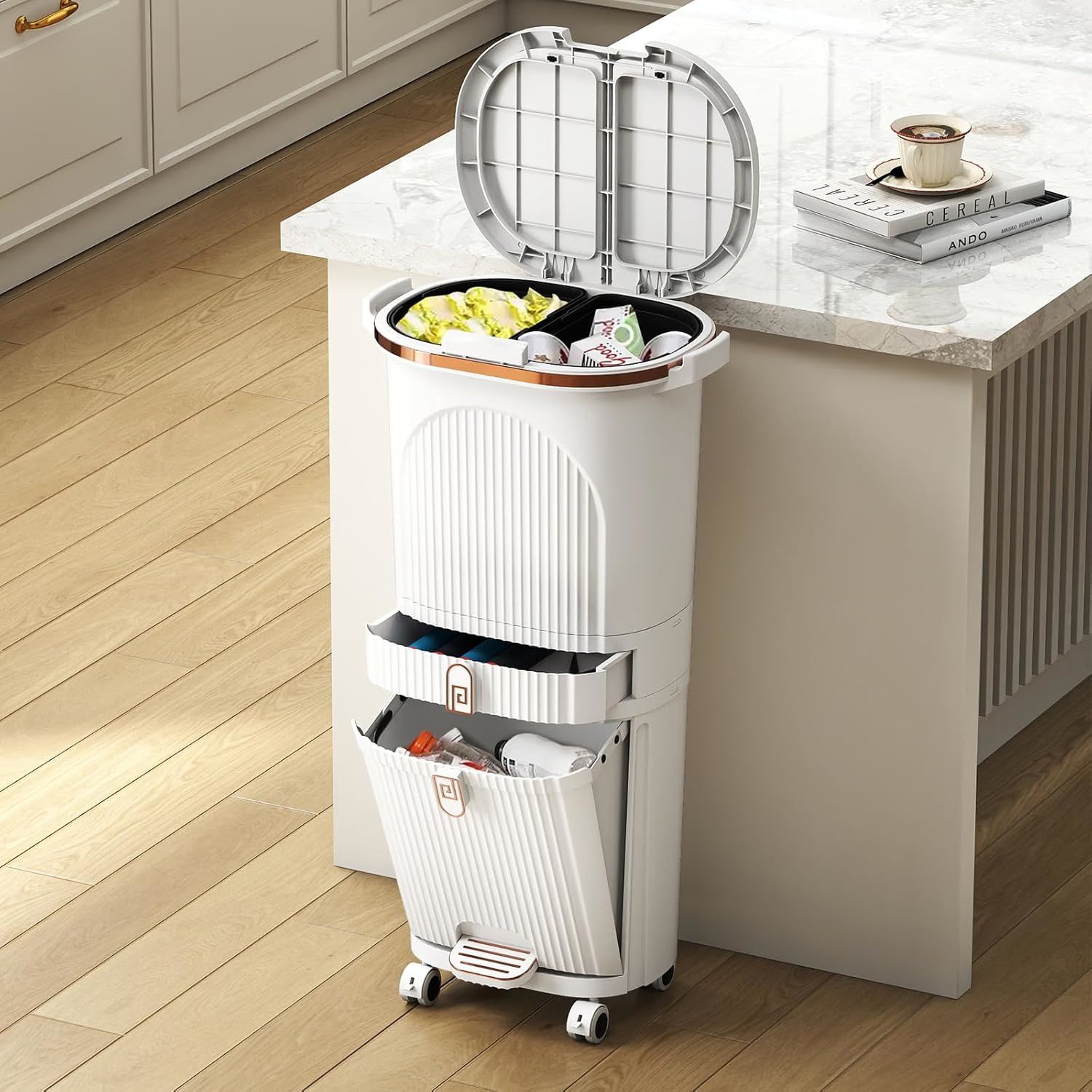 Kitchen Trash Can 42 L, 3-level Sorting Container With 2 Internal Buckets, Drawer, Tilted Compartment