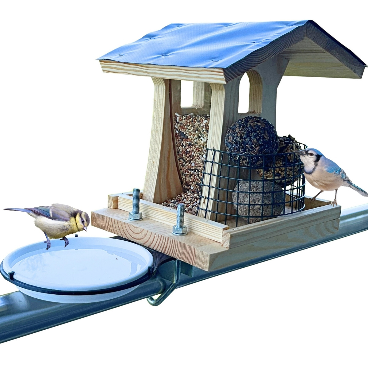 Image of Stafeco Balcony Birdhouse, 3-in-1 Weatherproof Wooden Bird Feeder, Wild Bird Waterer, And Bird Feeding Station For Balcony Railings