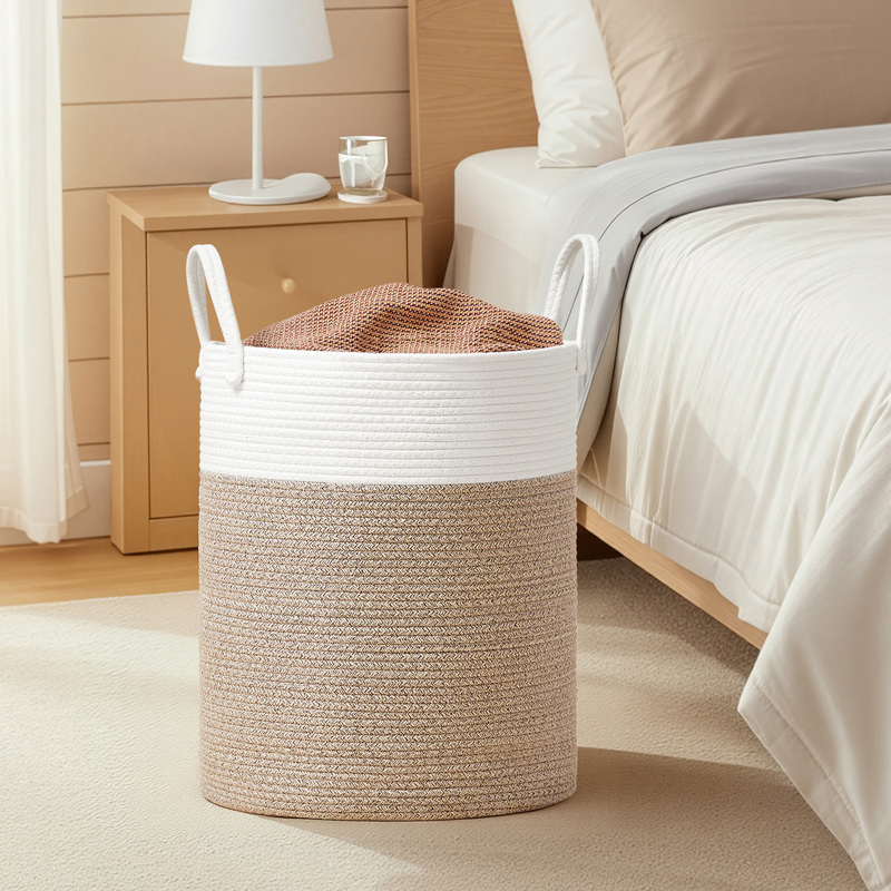 Image of Laundry Basket, 60 L Laundry Collector For Kids,rope, With Handle, For Children's Room, White-gray-brown
