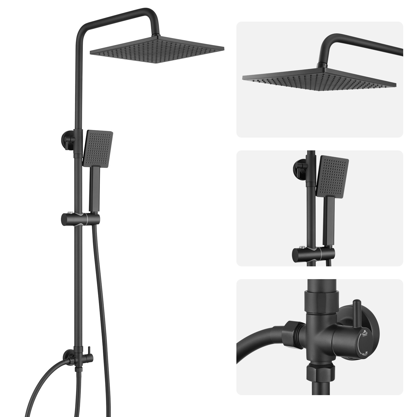 E-shop Duschsystem ohne Armatur Schwarz Matt, Regendusche Set mit 25x25cm Eckiger Kopfbrause und Handbrause, Duschset aus Messing-Umsteller für
