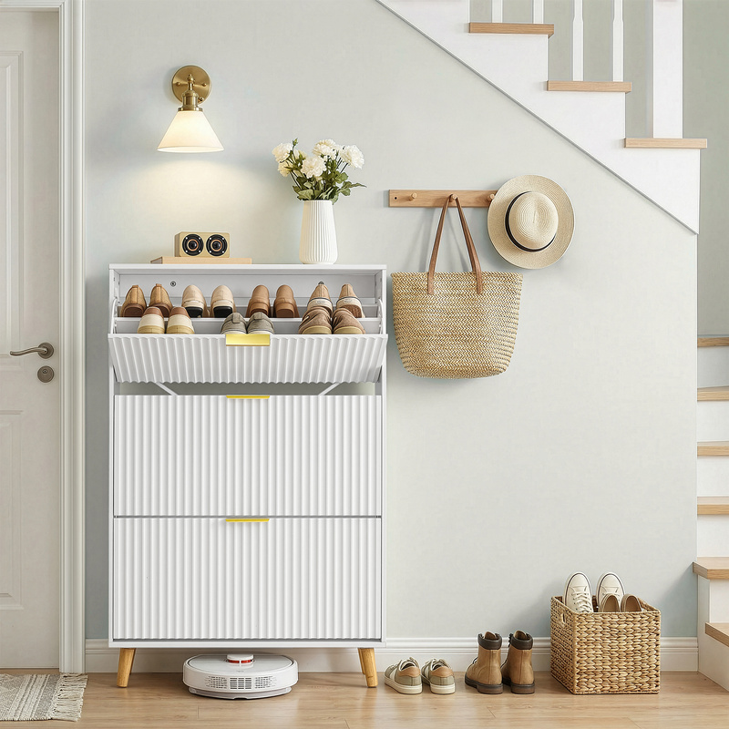 Image of Narrow Shoe Rack, Shoe Cabinet With 3 Doors, For Entrance Area, Hallway, Mid Century Modern, White