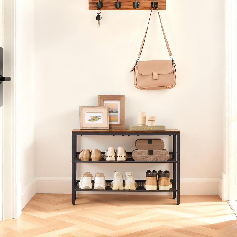 Image of Shoe Rack, 3 Levels, Large Surface, Adjustable Grid Shelves, Brown-black