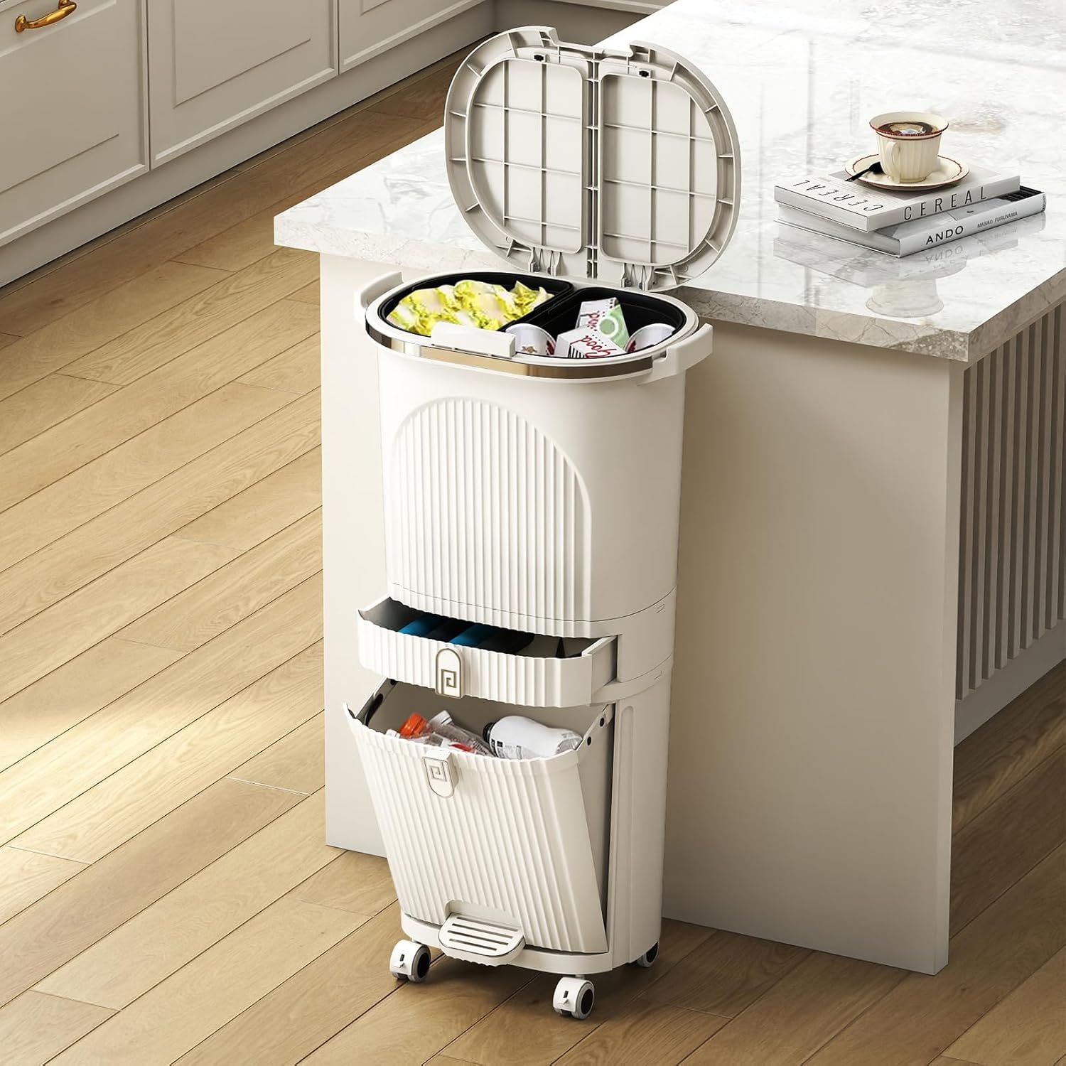 Kitchen Trash Can 42 L, 3-level Sorting Container With 2 Internal Buckets, Drawer, Tilted Compartment