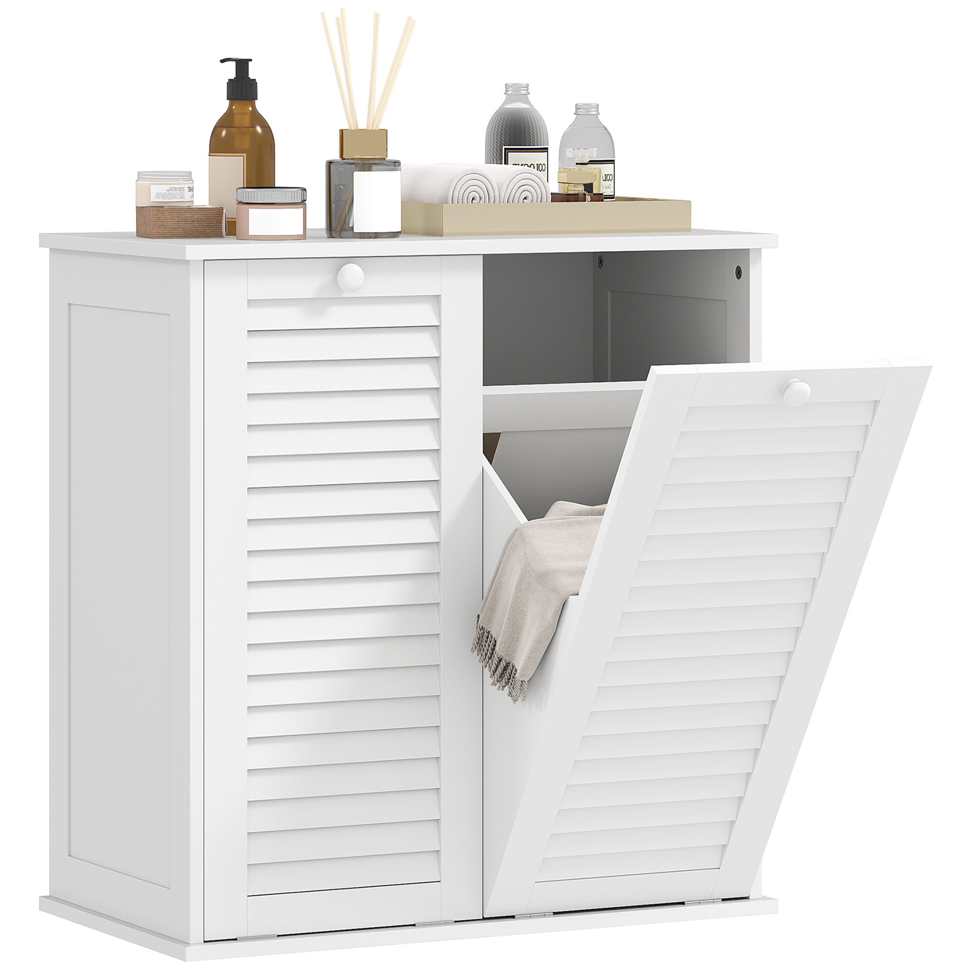 TEMU Meuble salle de bain avec panier à linge, armoire salle de bain en bois avec portes persiennes et 2 paniers, corbeille à linge, pour toilette,
