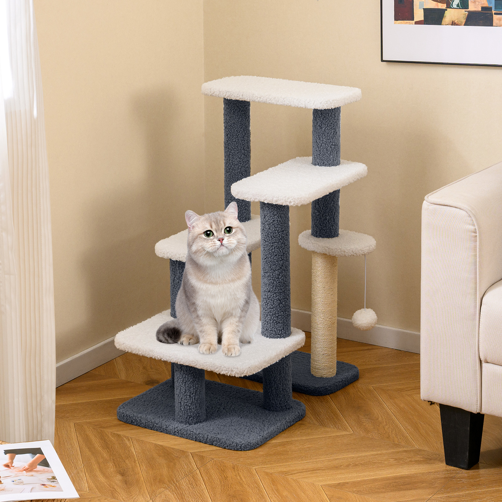 Image of Cat Stairs, 2-in-1 Cat Tree Tower Pet Steps With Sisal Scratching Post, 3 Large Platforms, 4-step Kitten Tower For High Bed Sofa Couch, Indoor Elderly Cat Kitty Dog Climbing Playing Furniture