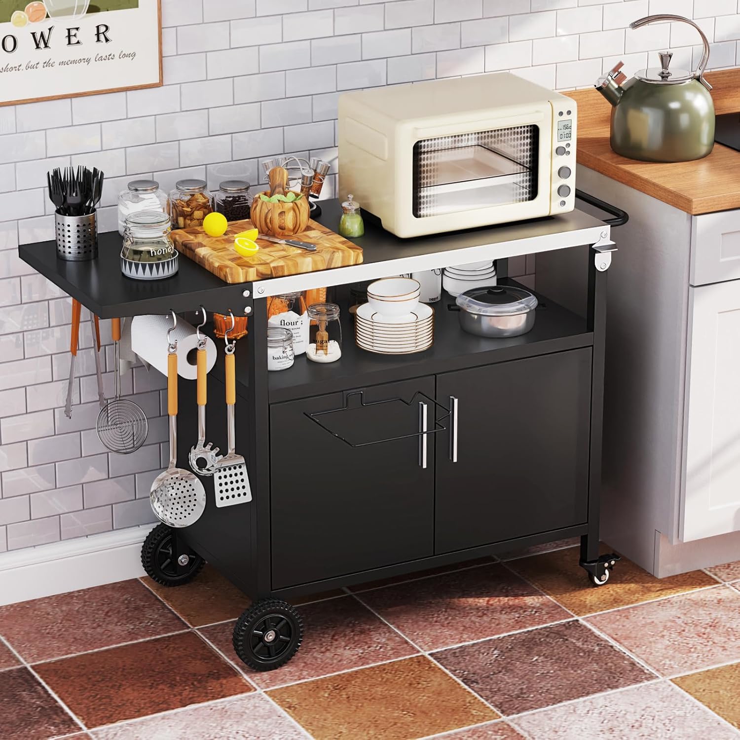 Garden Trolley For Barbecue Grill 3 Levels, Kitchen Island With Folding Worktop, Towel Holder