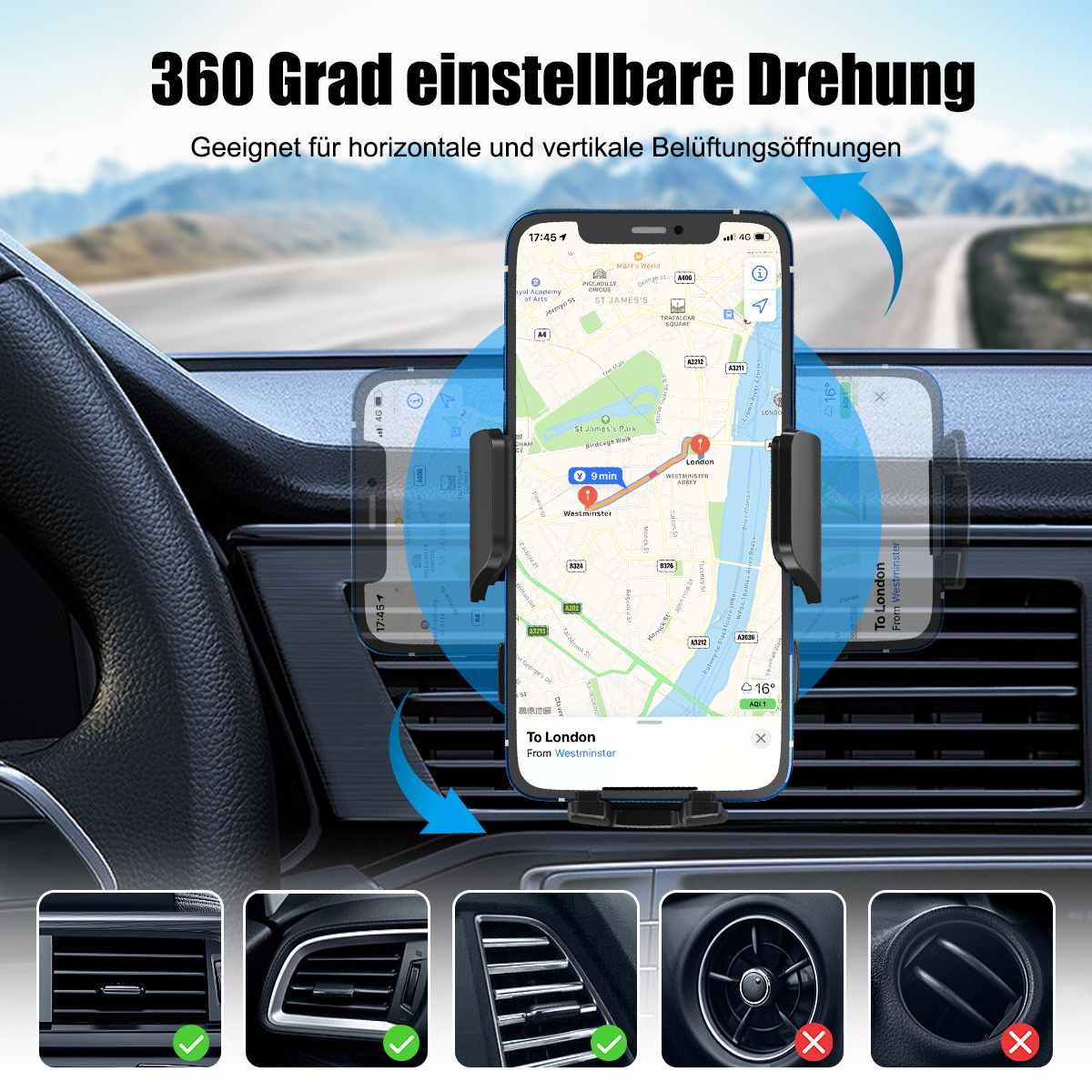 Image of Car Phone Holder, Car Holder With Hook Clip For Car Air Vent 360° Rotation Phone Holder Compatible With Iphone Phone