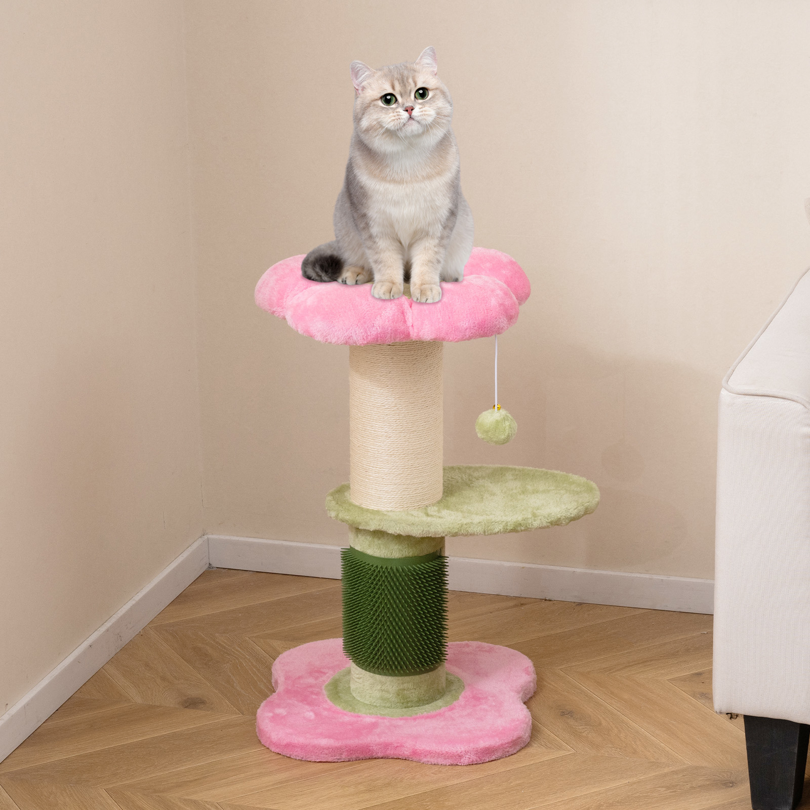 Image of Flower Cat Tree For Indoor Cats, 69 Cm Tall Small Kitten Tower With Padded Plush Perch, Sisal Scratching Post, Hanging Ball, Self Groomer, Modern Furniture, Multi-level Cat Climbing Stand