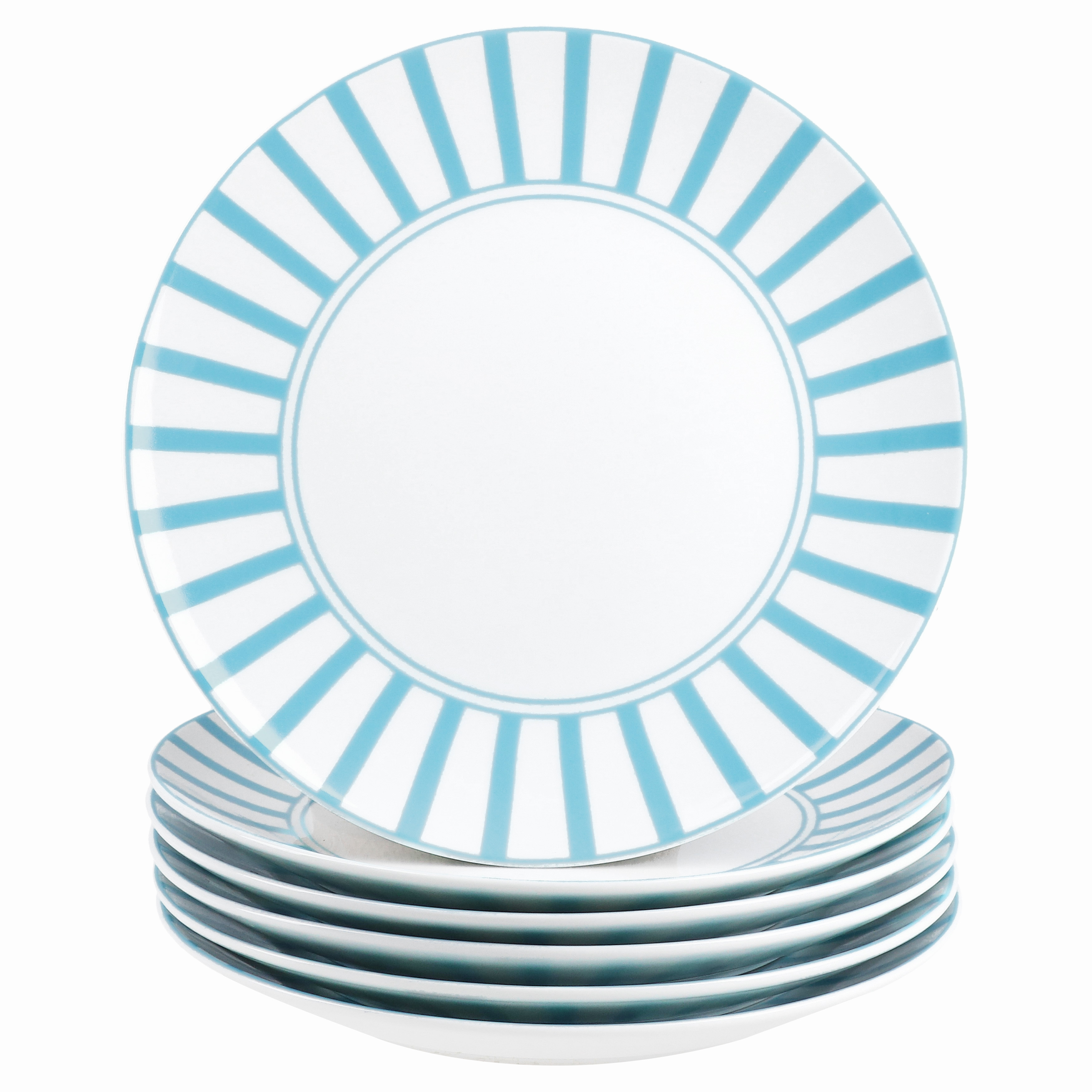 Turquoise Striped 6pcs Set Of Cake Plates, Porcelain, 6 , Breakfast Plates, Striped