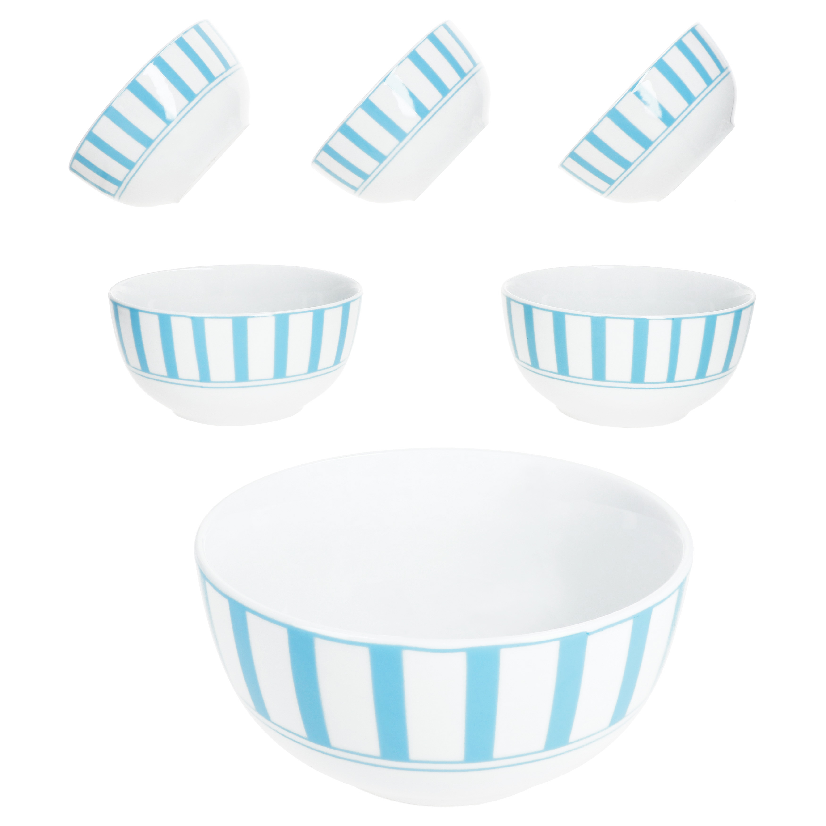 Image of Split Turquoise Stripes 6-piece Bowl Set, Ø14cm 400ml, Porcelain Dessert Bowls, Striped