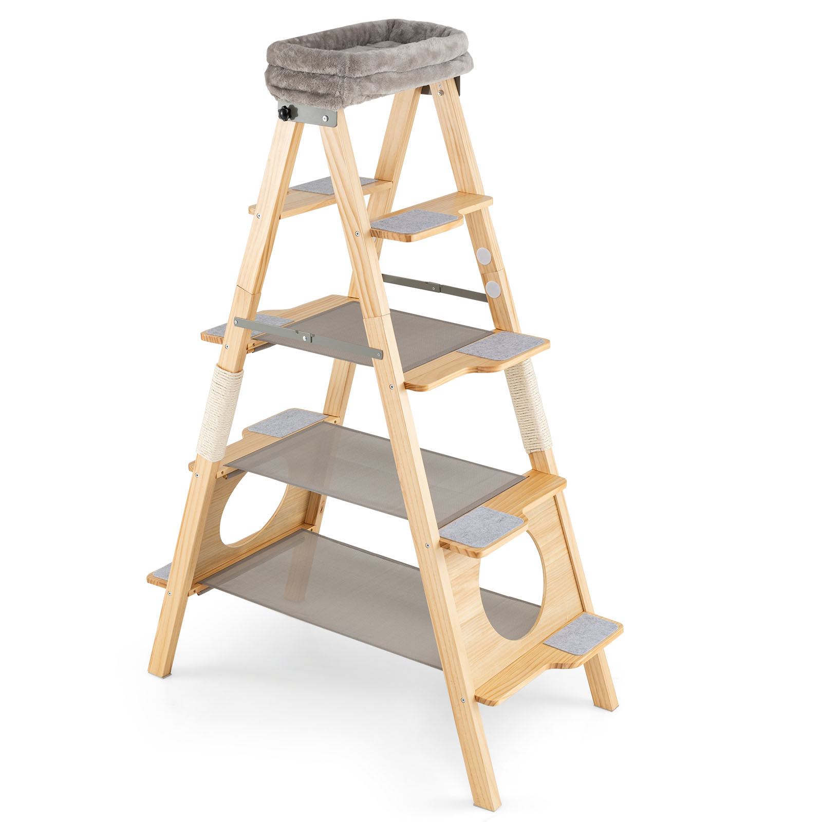 Image of Modern Wooden Cat Tree, Foldable Cat W/ Ladder Design, 5-level Solid Pine Wood Tall Tower W/upholstered Top Perch & Sisal Scratch Post, Space- Cat Activity Center For Indoor