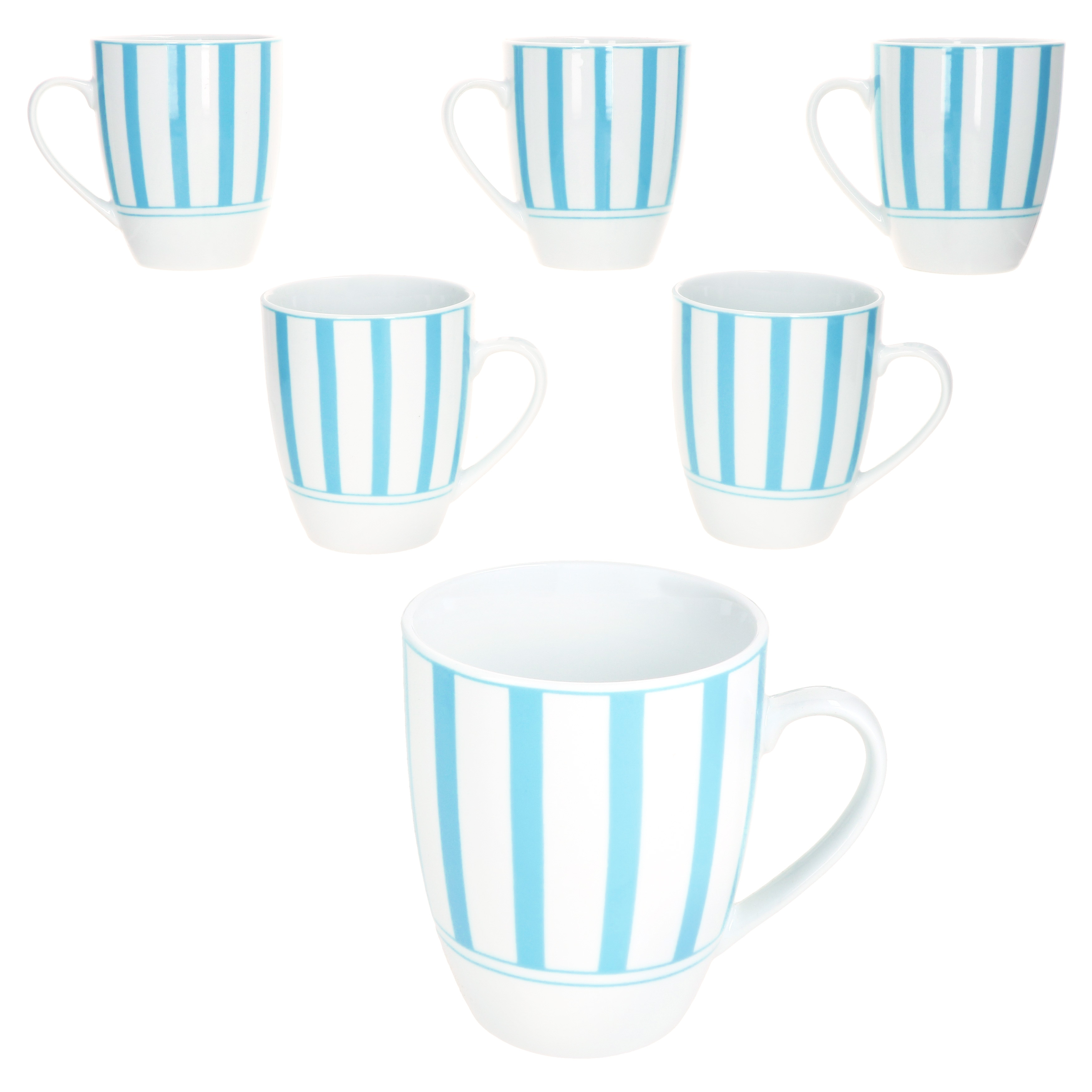 Split Turquoise Stripes 6-piece Set Coffee Mugs 300ml Porcelain Cups For 6 People Striped