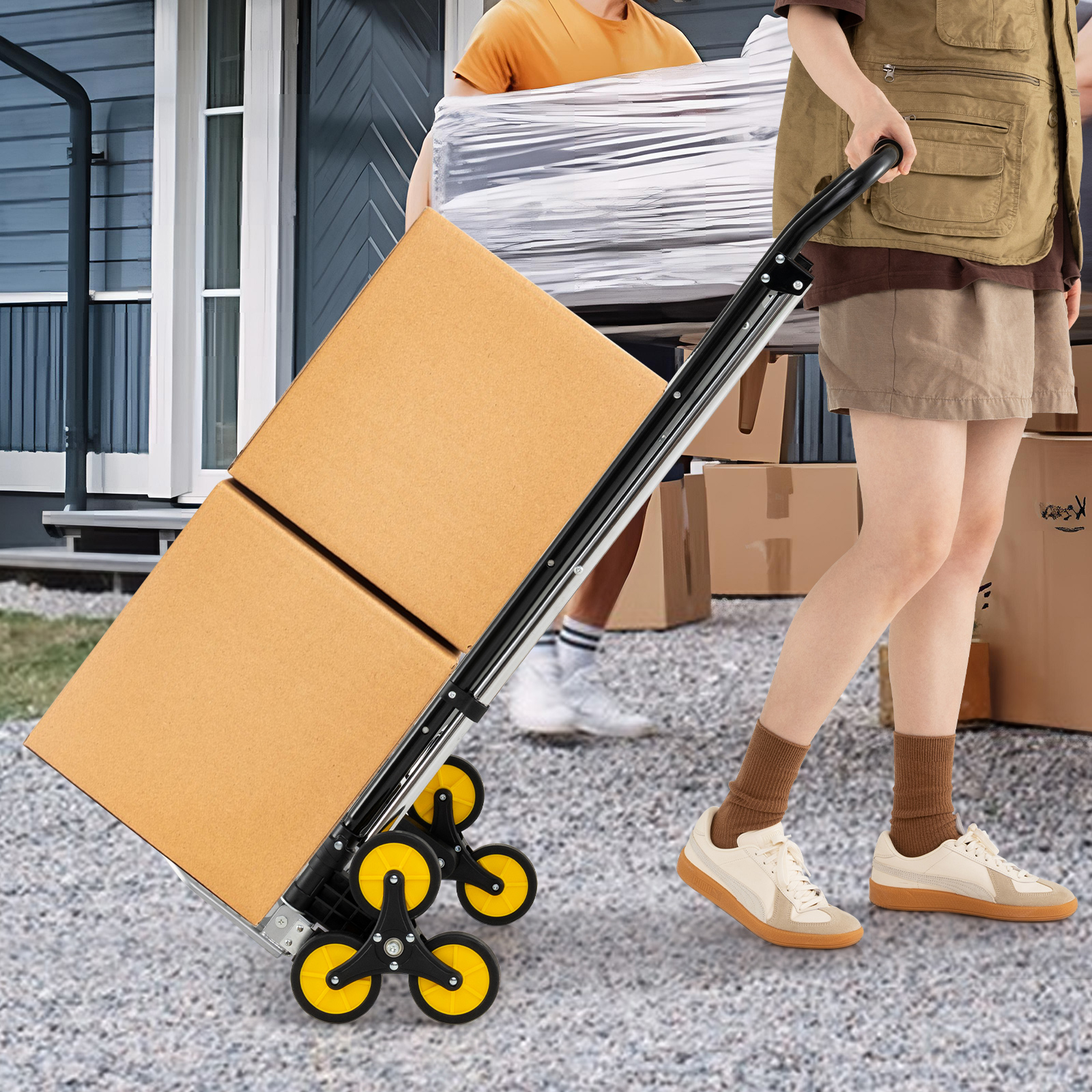 Image of 2 In 1 Folding Hand Truck & Ladder, Aluminum Stool W/anti-slip Pedals, Heavy Duty Portable Dolly Cart W/rubber Wheels, Collapsible Trolley For Home, Warehouse & Office, Up To 250 Kg Capacity
