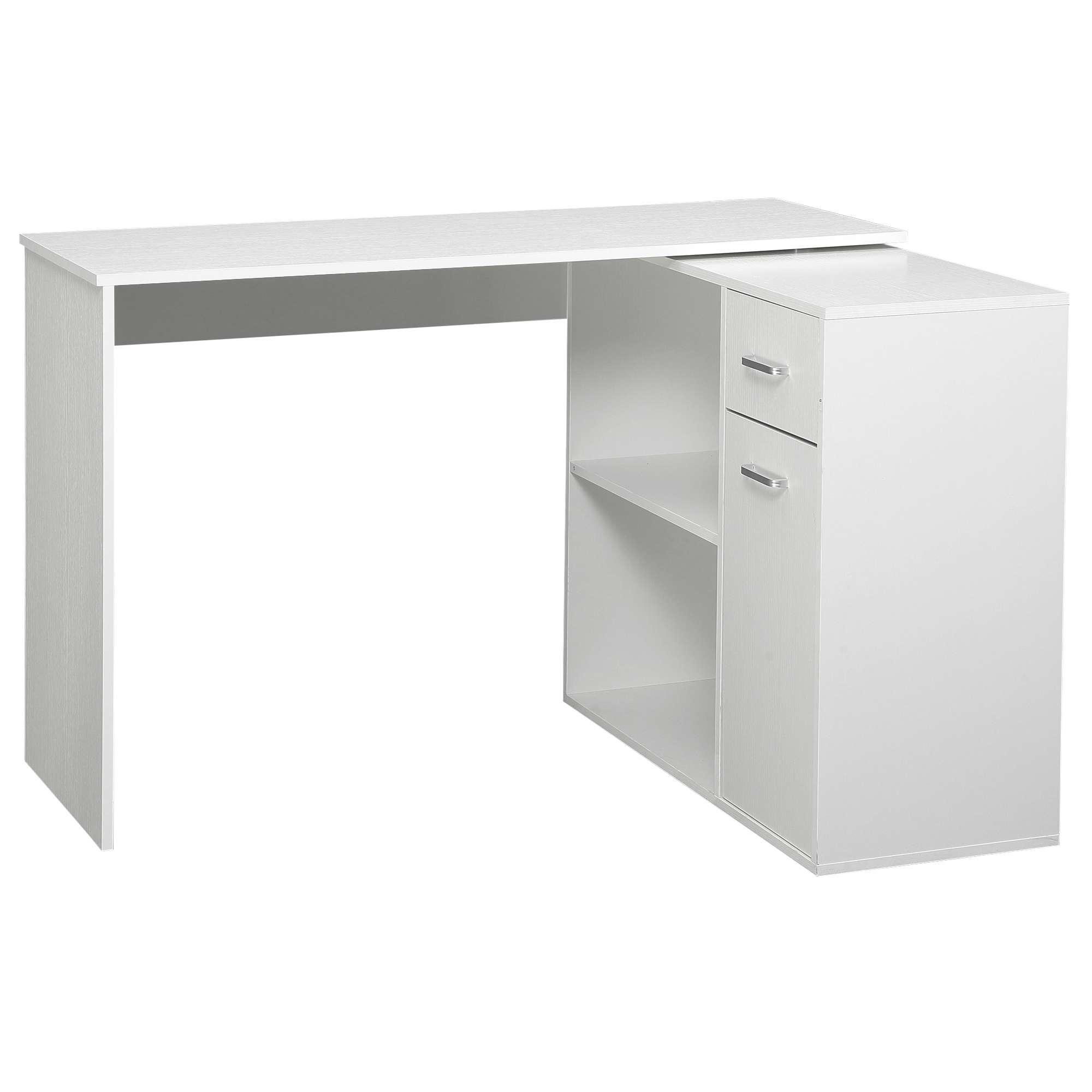 Image of Homcom Rotating 180° , Computer Desk With Bookshelf, Drawer, Cabinet With Door And , For Bedroom, Home, 117 X 82 X 74 Cm, White