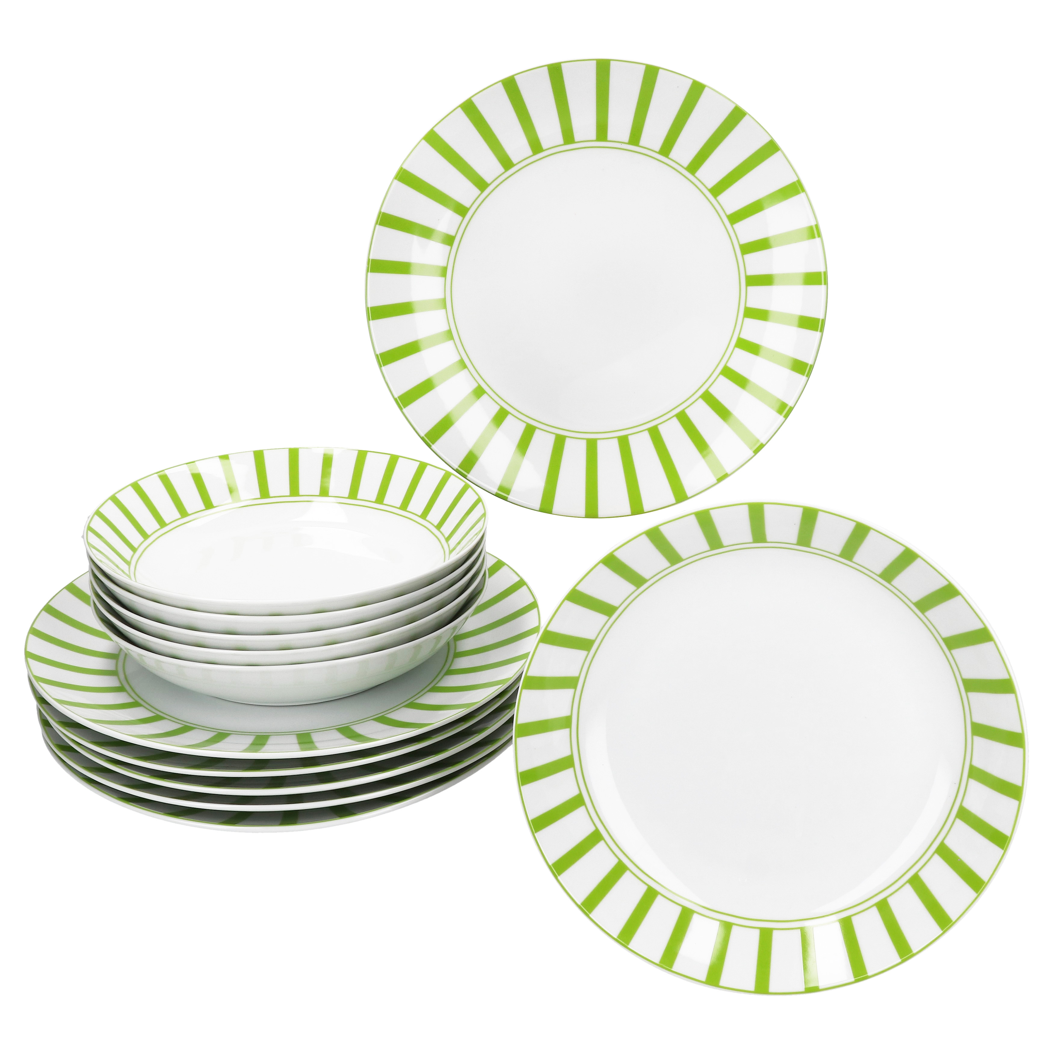 Green Striped 12pcs Porcelain Dinner Plate Set, Dinner Plate, Soup Plate, Striped